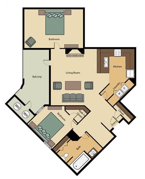 Floor plan for 1 bed, 1 bath, 1010 sqft